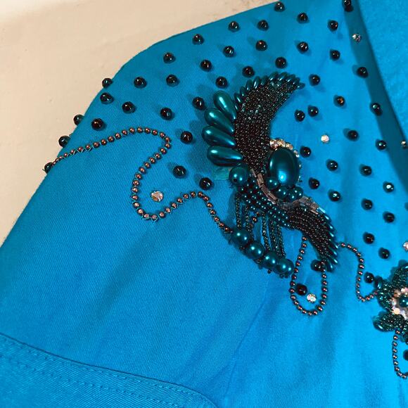 Vintage 80s Two Piece Jumpsuit & Jacket Set Teal/Turquoise Beaded Embellished 10 - Picture 6 of 16